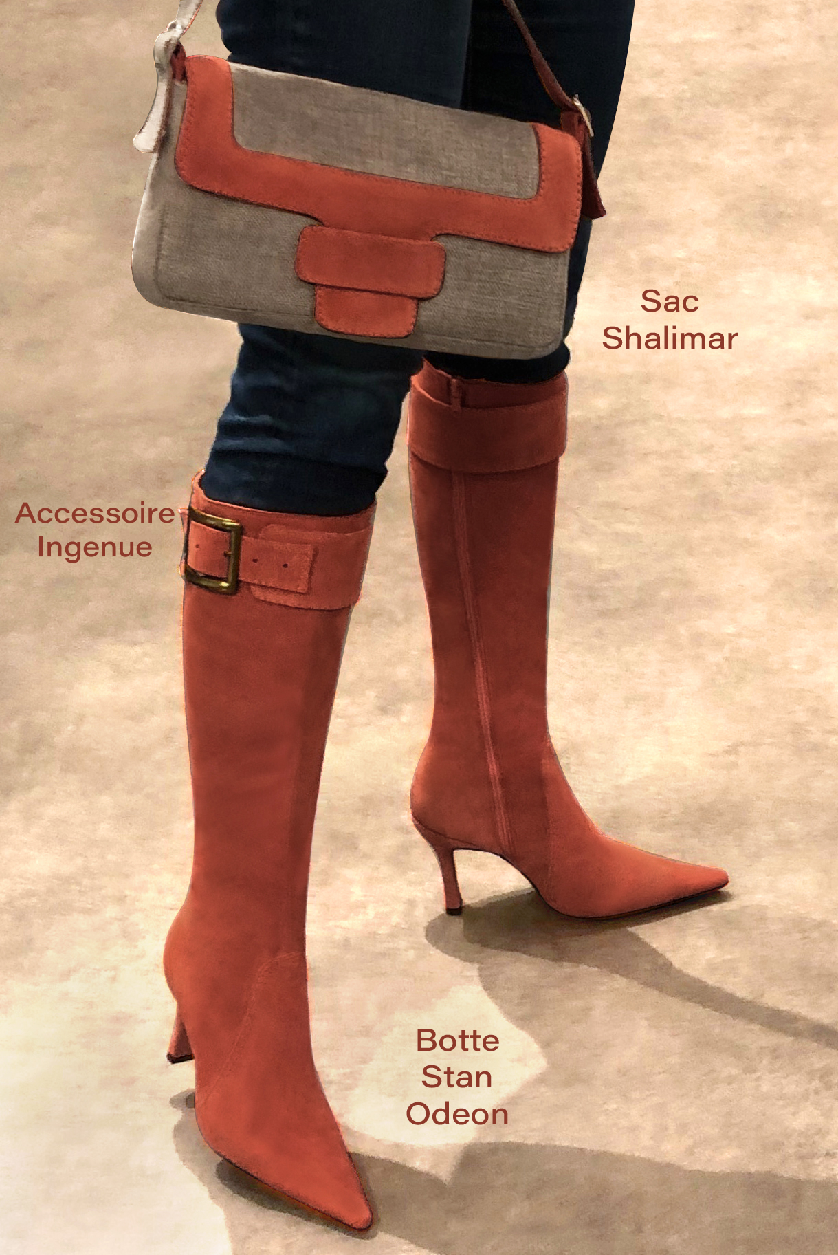 Terracotta orange women's feminine knee-high boots. Pointed toe. Very high spool heels. Made to measure. Worn view - Florence KOOIJMAN